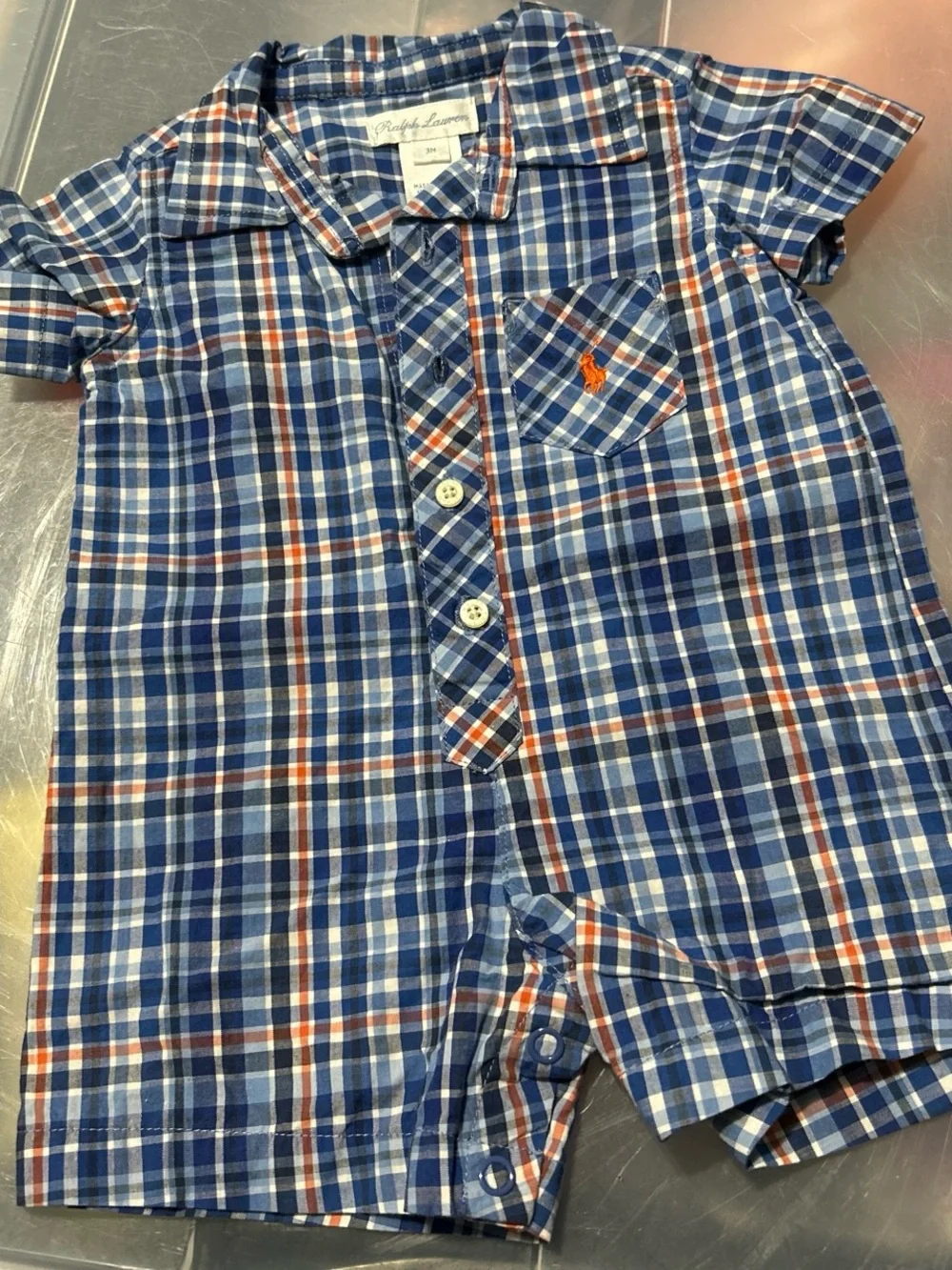 Ralph Lauren Blue and Orange Plaid Button-Front Baby One-Piece